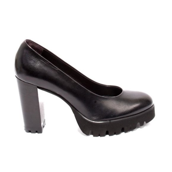 Italian Black Leather Platform Heel Shoes Pumps - Picture 3 of 8
